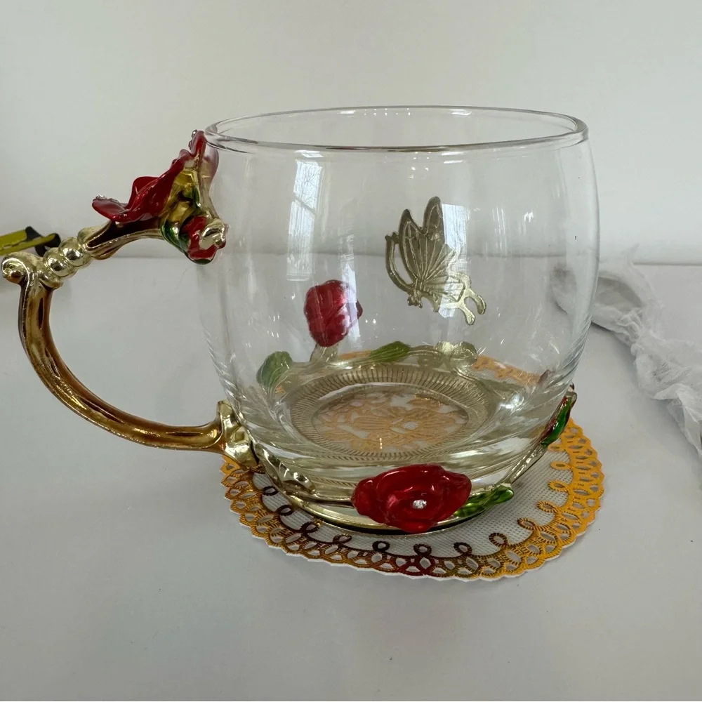 Rose and Butterly, Enamel, Glass Coffee/Tea Cup with Embellished Spoon